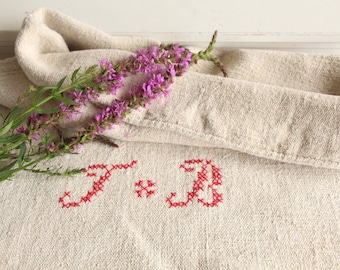 antique linen grain sack, interior, french farmhouse decor, tablerunner, upholstery, bathmat Monogramm L 333