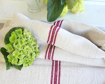 Antique Linen Grain Sack, Bordeaux Red Stripes, French Farmhouse Decor