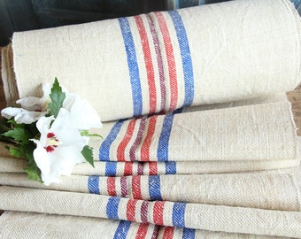 R 315 antique hemp linen BLUE RED upholstery 6.23yards handloomed STAIRUNNER benchcushion 캔버스 자루 wedding Beachhouse look