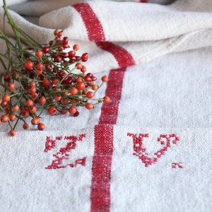 Antique Hemp Linen Grain Sack: Cherry Red Stripes, Handwoven Fabric
