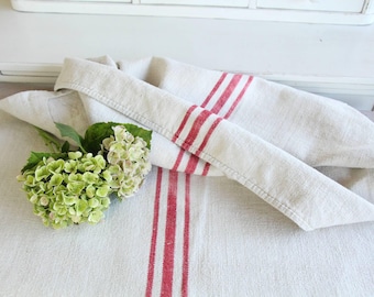 antique linen grain sack, elegant, french farmhouse decor, tablerunner, upholstery, Strawberry  striped L 362