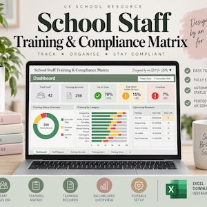 Könnte beinhalten: Ein Laptop-Bildschirm zeigt ein Dashboard für eine Schulpersonal-Schulungs- und Compliance-Matrix mit Diagrammen, Datentabellen und Statusanzeigen zur Verwaltung von Schulungsunterlagen und Fristen für das Schulpersonal.