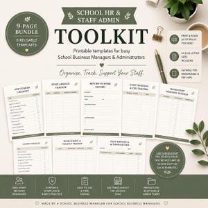 May include: A 9-page school HR and staff admin toolkit bundle featuring printable templates for school business managers. Includes checklists and trackers for new starters, staff absence, return-to-work, training, recruitment, and staff meetings in A4 and US letter sizes.