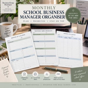 Peut inclure: Un ensemble de trois pages de planification imprimables intitulées Monthly School Business Manager Organiser, Monthly SBM Checklist et Things to Chase. Les pages blanches présentent des en-têtes bleus et verts, des cases à cocher et des lignes.