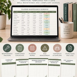 May include: A School Premises & Facilities Toolkit digital product display featuring a laptop showing a planned maintenance schedule, a mug with the text Safe Schools Brighter Futures, and several printable templates for maintenance, compliance, and inspections.