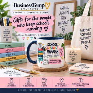 Op de afbeelding: Een witte keramische mok met een donkerblauw handvat en binnenkant, voorzien van kleurrijke tekst en afbeeldingen met de tekst School Business Manager, Finance, HR, Premises, Procurement, Compliance, People en And Apparently Everything Else.