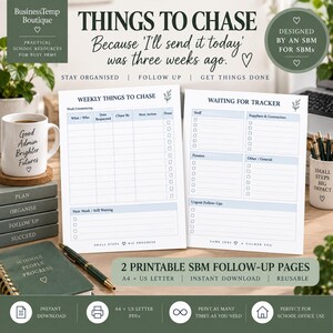 Peut inclure: Deux pages de suivi imprimables pour gestionnaires d'école, comprenant un tableau de suivi hebdomadaire et une liste d'attente. Les documents présentent des colonnes pour les tâches, les dates et des cases à cocher, avec des titres clairs et structurés.