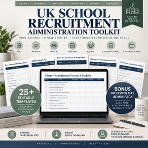 Puede incluir: Un kit de administración de contratación escolar del Reino Unido con una computadora portátil que muestra una lista de verificación del proceso de contratación, rodeada de plantillas impresas como registros de solicitudes y hojas de entrevistas.