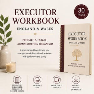Op de afbeelding: Een spiraalgebonden Executor Workbook voor Engeland & Wales, een 30-pagina tellende organisator voor nalatenschapsbeheer. De omslag toont een boomillustratie en de titeltekst. Bevat iconen voor printbare PDF, tabletgebruik en digitale download.