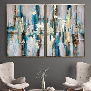 Teal & Gold Abstract Painting Diptych: Palette Knife Textured Wall Art