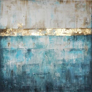 Textured Coastal Rustic Abstract Gold Leaf Painting: AQUAMARINE by BStoyanova, Palette knife Distressed