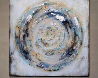 Pintura abstracta contemporánea, CÍRCULO DE EQUILIBRIO I de la artista Bilyana Stoyanova, textura de espátula, obra de arte en hoja de plata, 70 x 70 cm