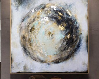 Gran pintura abstracta contemporánea, CÍRCULO DE EQUILIBRIO II de la artista Bilyana Stoyanova, obra de arte con textura de espátula y pan de oro y plata.