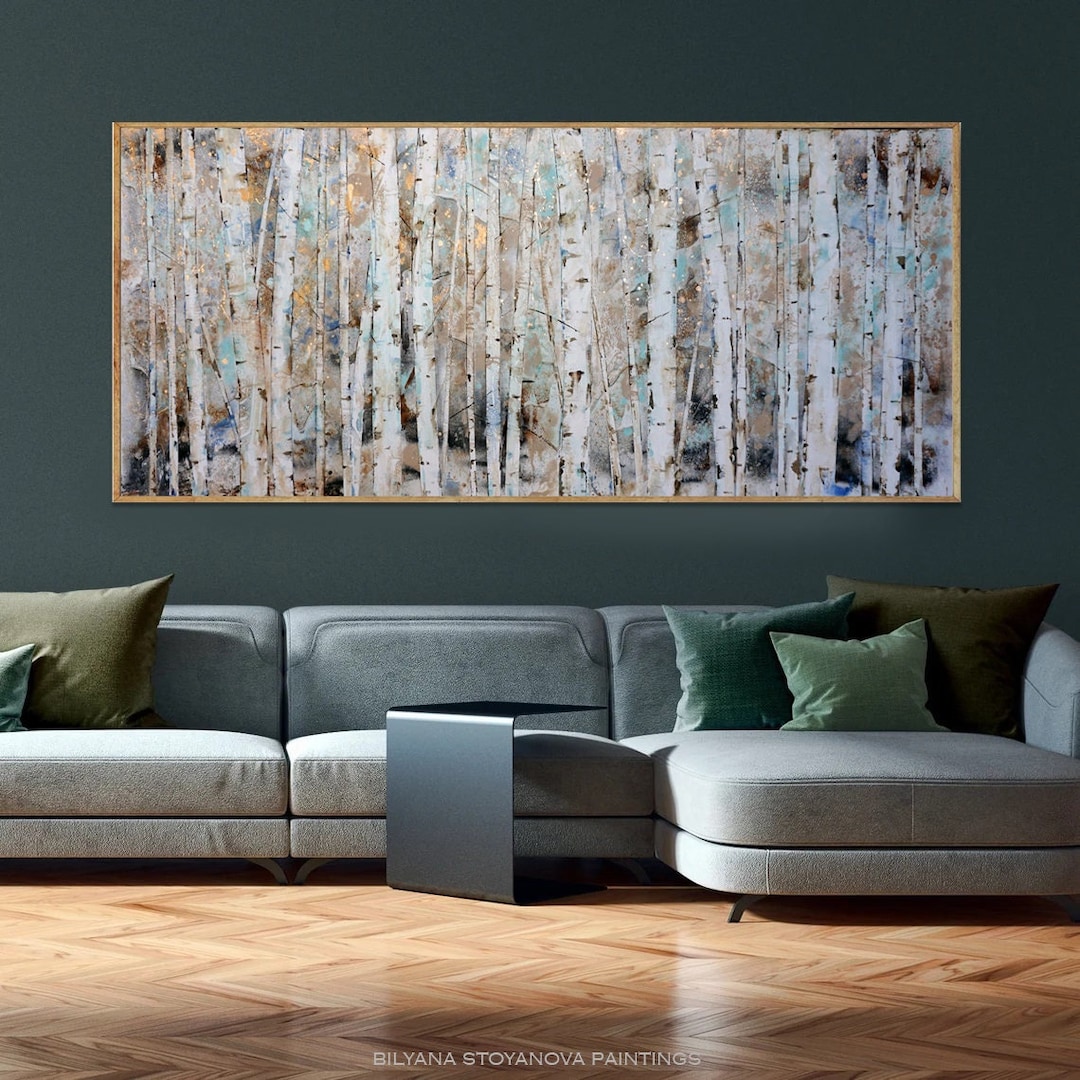 Birch Trees: Large Original Landscape Painting, Beige Gold Mint Artwork ...