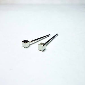 Tiny Silver Cube Stud Earrings, Dainty Cube Earrings - 2mm