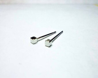 May include: A pair of silver stud earrings with small square-shaped posts.