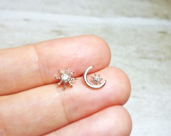 Silver Star and Moon Stud Earrings, Celestial Earrings