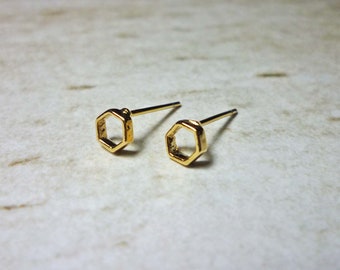 Gold Hexagon Stud Earrings, Dainty Earrings