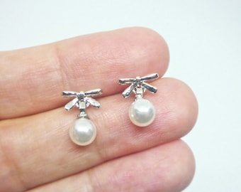 Mini Bow with Pearl Drop Stud Earrings, Silver Ribbon Jewelry