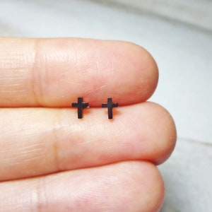 Tiny Black Cross Stud Earrings, Stainless Steel Cross Earrings