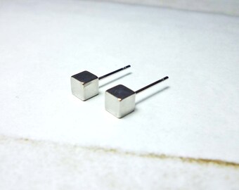 May include: A pair of silver cube stud earrings. The earrings are small and simple, with a minimalist design.