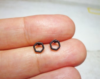 Black Hexagon Stud Earrings, Dainty Earrings