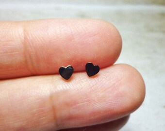 Tiny Black Heart Stud Earrings, Sterling Silver Heart Earrings, Heart Stud Earrings