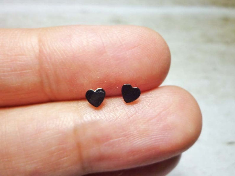 Tiny Black Heart Stud Earrings Sterling Silver Heart Etsy
