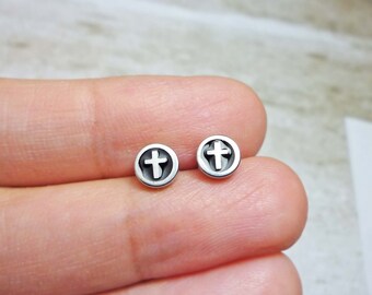 Cross Silver Round Stud Earrings