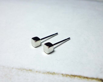 May include: A pair of silver stud earrings with small square-shaped posts.