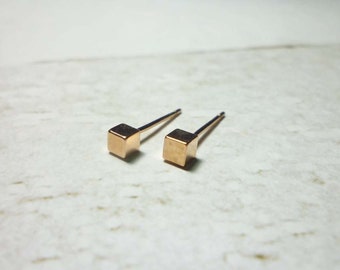 Tiny Rose Gold Cube Stud Earrings, Dainty Cube Earrings - 3mm