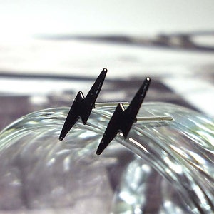 May include: A pair of black lightning bolt shaped earrings. The earrings are small and delicate.