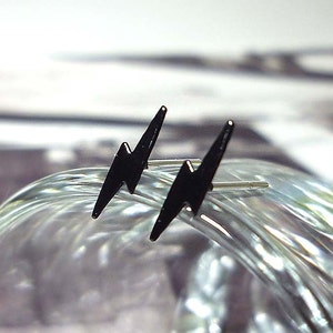 Tiny Black Lightning Bolt Earrings, Sterling Silver Lightning Earrings, Bolt Stud Earrings