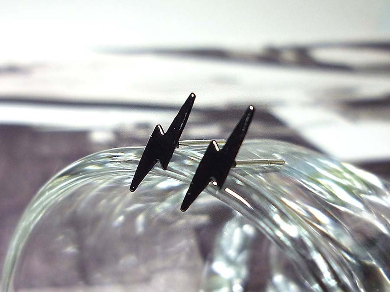 Tiny Black Lightning Bolt Earrings, Sterling Silver Lightning Earrings, Bolt Stud Earrings image 1