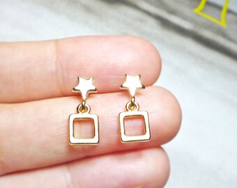 Gold Star Drop Stud Earrings, Celestial Earrings