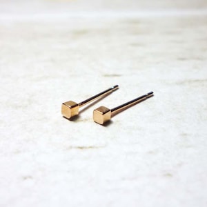 Puede incluir: Un par de pendientes de botón cuadrados de oro. Los pendientes son simples y minimalistas.
