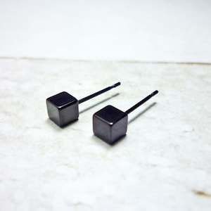 May include: A pair of black cube stud earrings with a silver post.