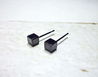 Black Cube Stud Earrings, Tiny Cube Earrings