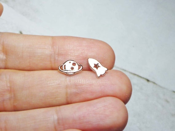 Saturn and Rocket Stud Earrings, Spaceship Earrings