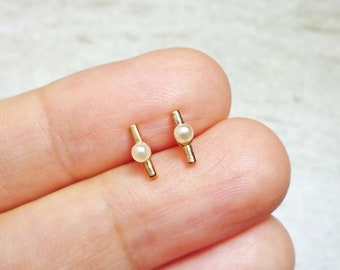 Pendientes de perla con barra, pendientes minimalistas