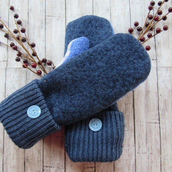 Felted Wool Mittens - Fleece Lined Wool Mittens - Navy & Blue Wool Mittens - Upcycled Wool Sweaters - Repurposed Wool - Recycled Wool