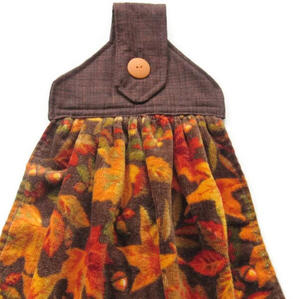 Autumn Hanging Kitchen Towel - Fall Leaves Kitchen Towel - Velour Button Top Kitchen Towel - Fabric Top Towel