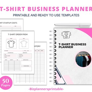 May include: A printable T-shirt business planner with 50 pages. The planner includes sections for startup costs, order forms, and inventory. The cover features a pink and gray design with a graphic of a T-shirt.