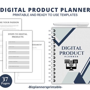 May include: A digital product planner with a blue and gray geometric design. The cover features the text "DIGITAL PRODUCT PLANNER" and a shopping cart icon. The planner has 37 pages and is printable.