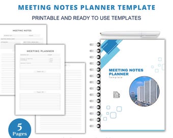 May include: A printable meeting notes planner template with a blue and white cover featuring a city skyline. The template includes five pages with lined sections for writing notes and a section for meeting details.