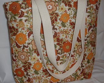 Cream, Orange, Rust and Brown Flowers Large Bag