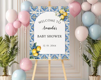 Letrero de bienvenida para baby shower de la costa de Amalfi / Letrero para baby shower del Mediterráneo / Plantilla de letrero con mosaicos azules y cítricos / Letrero de baby shower editable en italiano