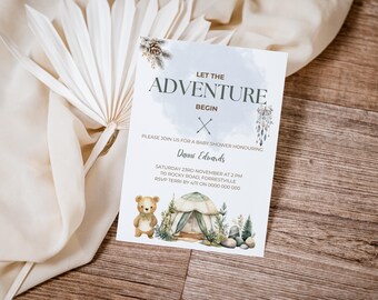 Let The Adventure Begin Baby Shower Invitation | Adventure Awaits Baby Shower Invite | Happy Little Camper | Editable Camping Themed Invite