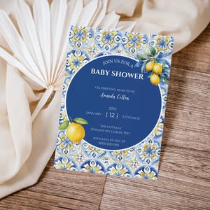 Amalfi Coast Baby Shower Invitation, Mediterranean Baby Shower Invite, Lemon Citrus, Blue Tile, Baby Shower Template, Italian theme, Digital