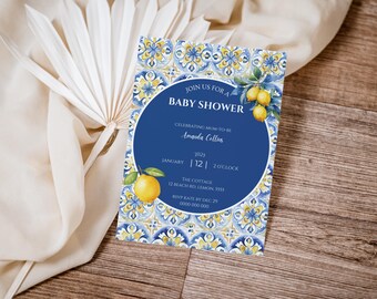 Amalfi Coast Baby Shower Invitation, Mediterranean Baby Shower Invite, Lemon Citrus, Blue Tile, Baby Shower Template, Italian theme, Digital